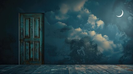 Surreal image of open door in room leading to cloudy night sky with crescent moon