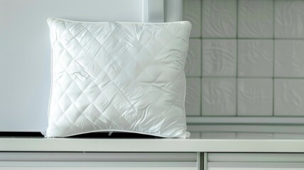 White quilted pillow on black surface with tiled wall in background