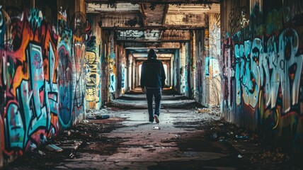 Person walking in graffiti-covered hallway