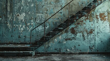 Peeling blue paint on decrepit stairwell in abandoned building