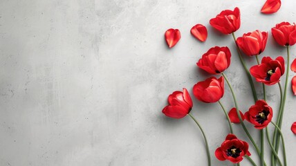 Red tulips scattered diagonally across light gray background