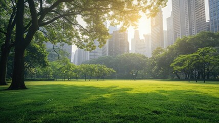 Green urban park with skyscrapers in background at sunrise