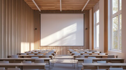 Realistic mockup of an empty white presentation screen in the front, sitting on top of wooden school desks and chairs, inside a modern university classroom.