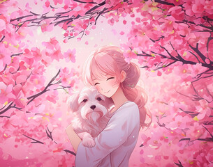 Portrait Cute Adorable Japanese Anime Girl with Sakura Cherry Blossom Flowers | Pet Love Cute Dog Manga Anime Style Floral Illustration Drawing | Woman Teen Smiling Happy Family Dog Love Pink Colors