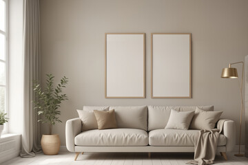 Poster frame mock-up in home interior background, living room in beige and brown colors,3d render