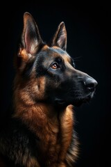 Mystic portrait of German Shepherd, copy space on right side, Close-up View,  Isolated on black background