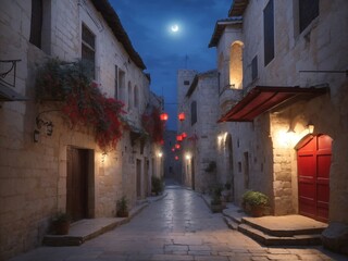 "Silent Night: Tranquil Beauty of the Old Quarter Under a Crimson Moon"