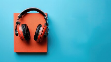 book and headphones on light blue background, Podcast or audiobook concept, Top view flat lay with copy space