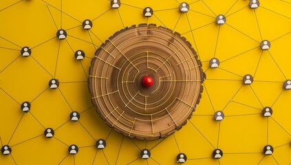 Wooden circle with a target and people icons on a yellow background, representing the human resources concept.