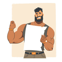 Strong muscular cartoon man holding blank sign. Smiling male character beard display paper sheet. Bodybuilder empty poster ready text design