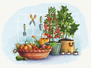 hand-drawn digital sketch featuring a basket of ripe vegetables and home-grown plants