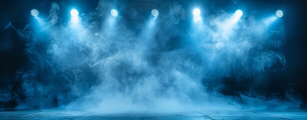 Obraz premium Abstract dramatic background of an empty stage with spotlights and fog. Empty scene for product presentation, concert or show.