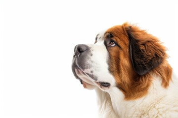 Mystic portrait of Saint Bernard, copy space on right side, full body shot, isolated on white background