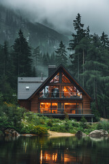 Fototapeta premium Wooden house in modern style on a lake in a pine forest