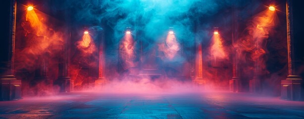 Fototapeta premium Abstract dramatic background of an empty stage with spotlights and fog. Empty scene for product presentation, concert or show.