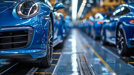 Fototapeta premium Car production line with cars in blue paint on the frame at factory for manufacturing and sheet metal work industry concept.