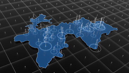 Tajikistan blue map big data visualization. Futuristic infographic map. Information aesthetics. Complex visual data. Complex data graphic visualization. 3D render illustration. © Andrey Shtepa