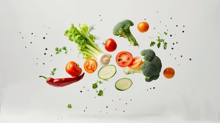 Creative layout made of flying vegetables on the white background. Generative Ai