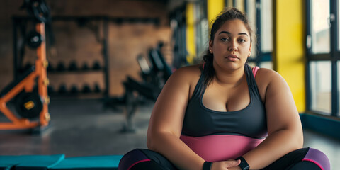 Fototapeta premium Focused woman taking a rest after intense workout session in a gym setting. body positivity