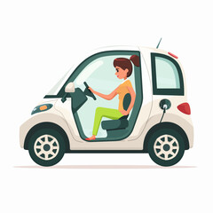 A woman is driving a white electric scooter. She is wearing glasses and a tie. The car is parked on the side of the road