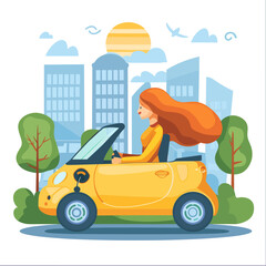 A woman is driving a yellow car in a city. The car is a small electric vehicle. The woman is smiling and she is enjoying her ride. The cityscape in the background is filled with tall buildings