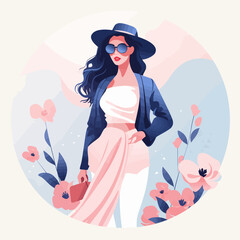 A woman wearing a hat and sunglasses is standing in front of a flower garden. She is holding a purse and she is enjoying the scenery