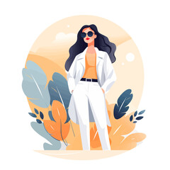 Obraz premium A woman in a white jacket and pants is standing in front of a tree. She is wearing glasses and has a serious expression on her face. Concept of professionalism and focus