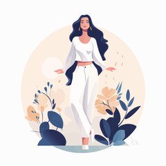 Obraz premium A woman in a white dress is walking through a garden. She is holding a bouquet of flowers