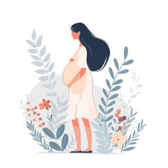 A woman is standing in a field of flowers with a baby bump. The flowers are in various colors and sizes, and the woman is wearing a white dress