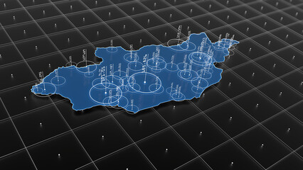 Mongolia blue map big data visualization. Futuristic infographic map. Information aesthetics. Complex visual data. Complex data graphic visualization. 3D render illustration.