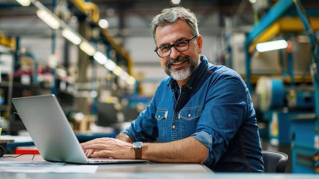 Technician in blue shirt and black pants Working in Modern Technology Factory