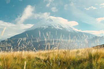 A wide shot of the mountain range with an majestic snowcapped mountain range, behind it is one tall grass field. The sky above was blue and clear. Chimborazo Day. - Powered by Adobe