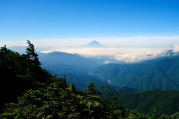 Fototapeta premium 日本百名山 甲武信ヶ岳の山頂から夜明けに眺める富士山