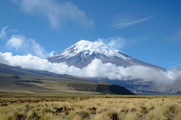 A majestic view of the snowcapped mount, with its iconic peak partially shrouded by clouds against a clear blue sky, surrounded by rolling grasslands and distant mountains. Chimborazo Day.
