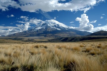 The beautiful and high mountains matching with the dry grass, there is snow on top of it. The photo was taken from an open field with a blue sky and white clouds. Chimborazo Day.