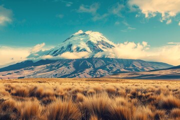 Photograph of the majestic, stunning and towering snowcapped mount with golden grassy plains, high resolution, cinematic style, blue sky. Chimborazo Day.