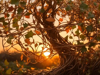 "Nature's Tangled Symphony: Wire and Ivy in Sunset's Glow"