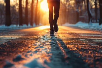 Close up of a man running on the road in a winter park, sunlight and shadows, in the style of copy space concept.