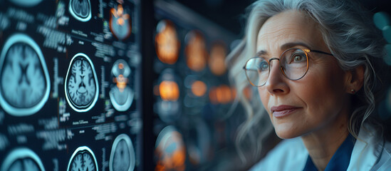 A middle-aged neurologist doctor examining the result of a brain CT scan