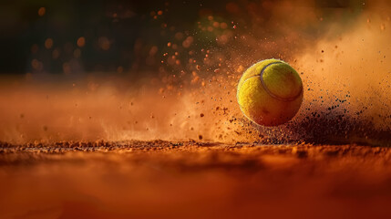 dynamic shot of a tennis ball hitting a clay court with dust particles, photoshot of the french open tournament