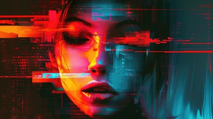 Futuristic abstract portrait of smart woman looking at camera with digital glitch with vibrant neon light. Young beautiful female staring at camera represent digital robotic simulated human. AIG42.