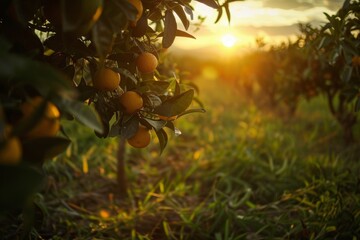 Beautiful mandarin fruit plantation at sunset with lush greenery and fresh fruits