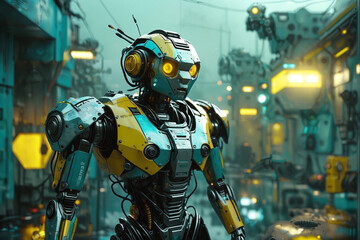 Fototapeta premium rendering, side shot, falf-strange body with complex system equipment with hyper detail robot, gaze, sci-fi, gloomy environment, foggy with light shader, cyan and yellow illuminations, dramatic light