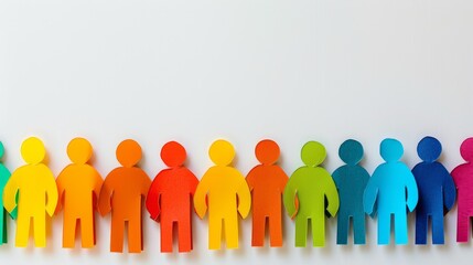 Colorful paper people standing in row on white background, concept of human diversity and pride month with copy space for text , high resolution photography. - Powered by Adobe