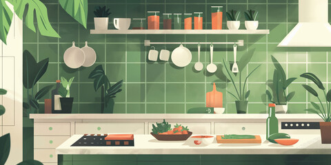 Contemporary Green-Tiled Kitchen Interior with Utensils and Bright Natural Lighting