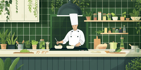 Professional chef attentively preparing a meal in a kitchen with green tile backdrop.