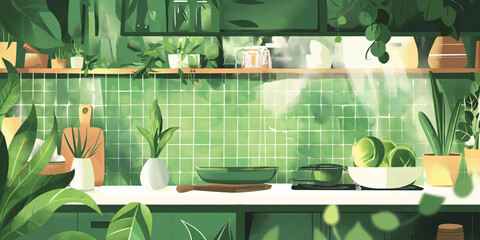 Sunny Modern Kitchen Interior with Lush Green Tiles and Indoor Plants.