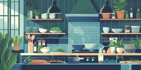 Contemporary Kitchen Design with Cookware, Utensils, and Fresh Cooking Ingredients Displayed.