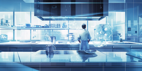 Chef Engaged in Culinary Arts Using Holographic Interfaces and High-Tech Futuristic Kitchen Equipment.