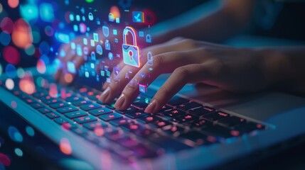 Concept of data protection and cyber security, close up woman hands typing on laptop with digital padlock icon hologram floating above the keyboard.
